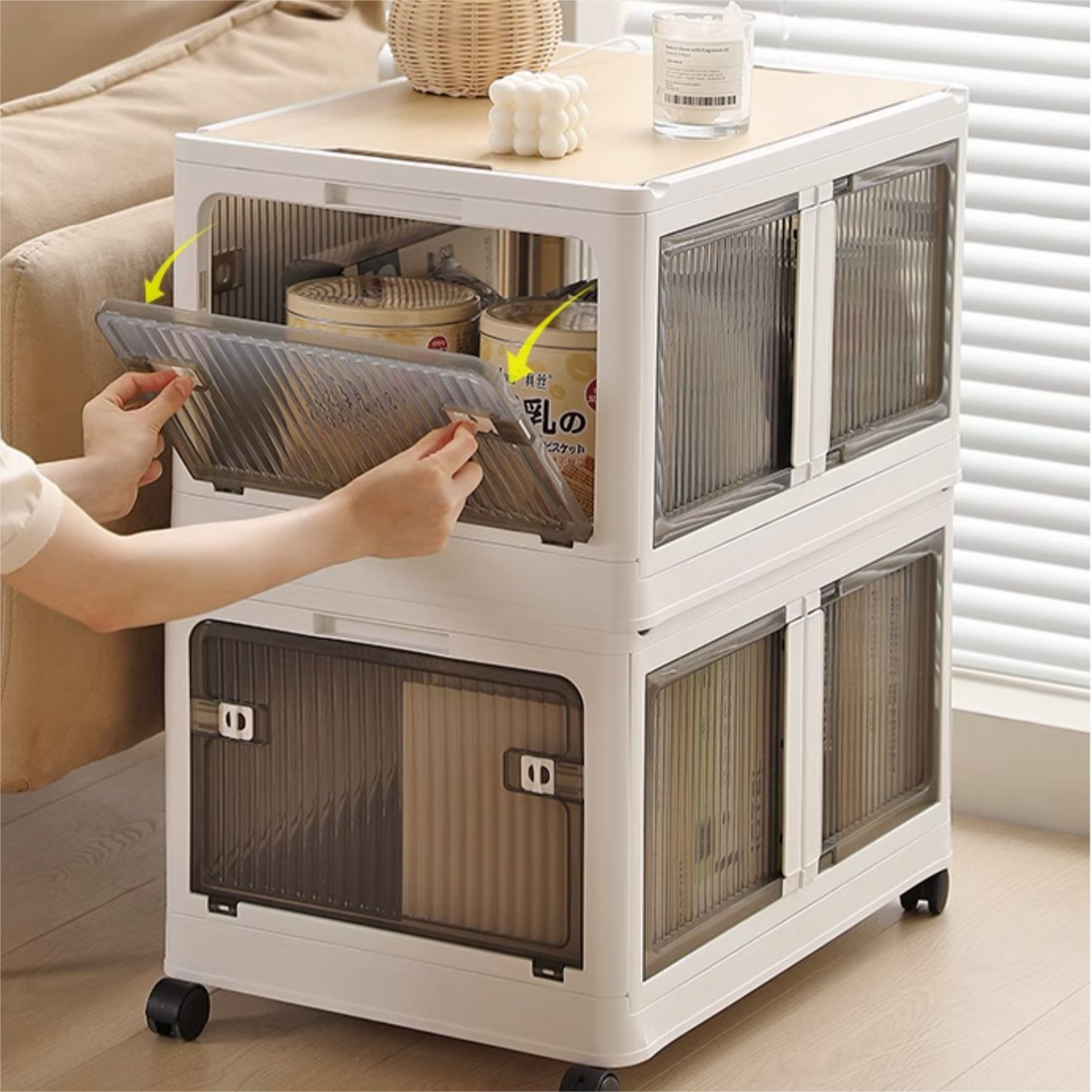 ANSENYA HOME 折りたたみ 収納ボックス 5面開閉 大容量 両開き 収納ケース 衣装ケース 折りたたみコンテナボックス 大型 押入れ収納 プラスチック コンテナ クリアボックス 木製天板付き おしゃれ 衣類 布団 透明 茶色 幅51.5*奥行36*高さ30cm