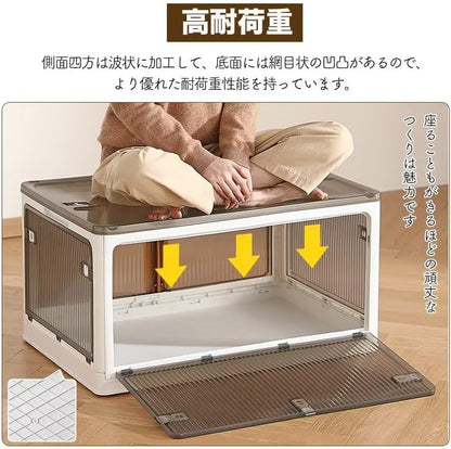 ANSENYA HOME 折りたたみ 収納ボックス 5面開閉 大容量 両開き 収納ケース 衣装ケース 折りたたみコンテナボックス 大型 押入れ収納 プラスチック コンテナ クリアボックス 木製天板付き おしゃれ 衣類 布団 透明 茶色 幅51.5*奥行36*高さ30cm